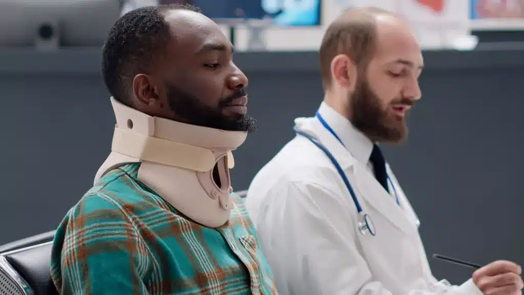 Man with a neck brace speaking with a doctor