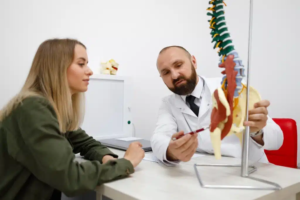 A doctor showing a spine model to a patient and explaining the details of minimally invasive spine surgery.