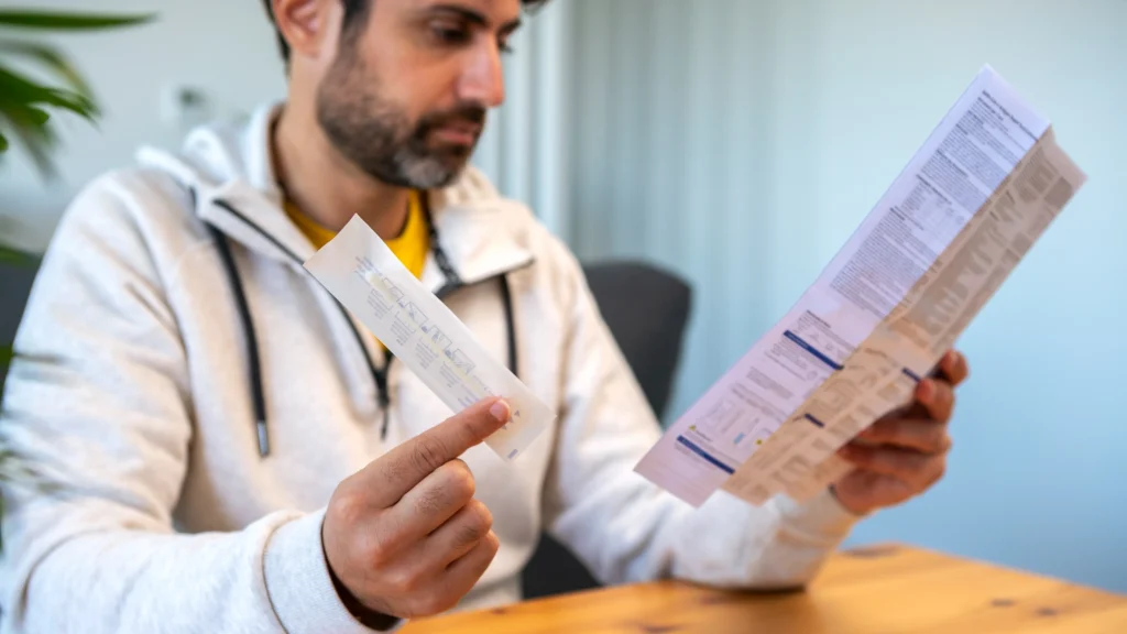 Man reading through medical instructions and cost details for artificial disc replacement surgery at home.