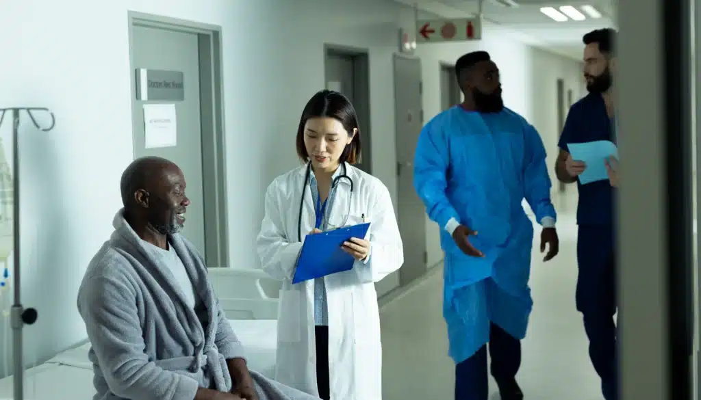 An Asian female doctor discusses spine surgery insurance coverage with a senior African-American patient, providing information on the best plans in Long Island.