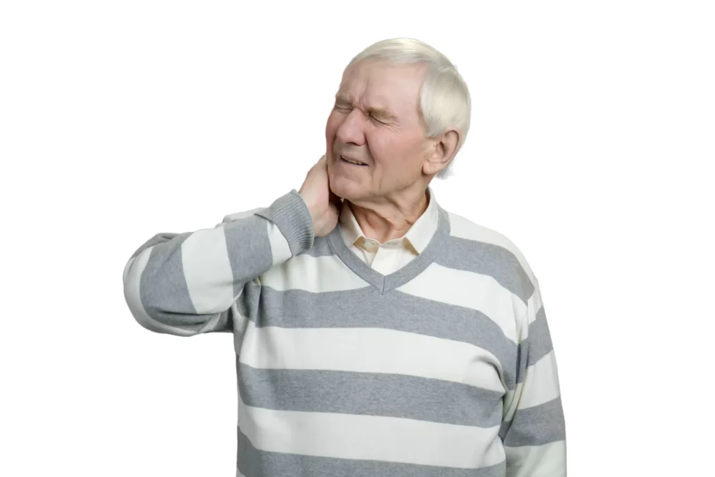 Elderly man experiencing neck pain, highlighting the challenges of geriatric pain relief.