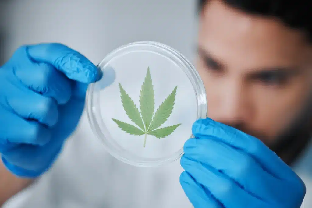 Scientist holding a marijuana leaf in a petri dish, symbolizing research in medical cannabis.