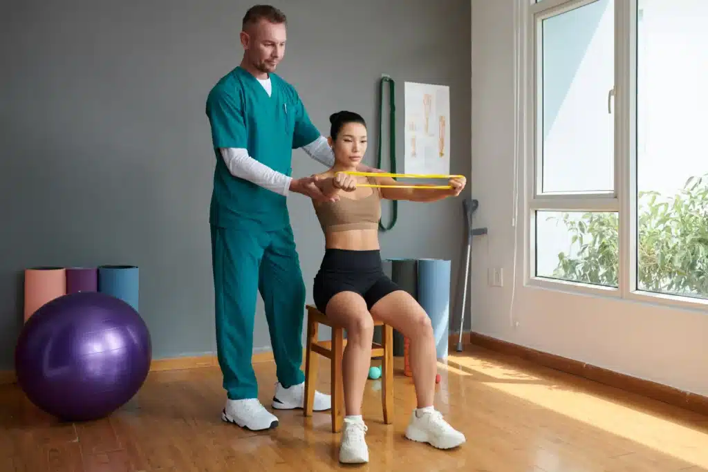 A sportswoman working with a rehab nurse during recovery from spinal fusion surgery with rods and screws.