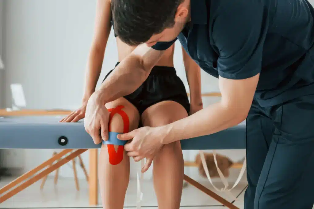 A physiologist applying supportive tape on a patient’s leg, emphasizing personalized SI joint pain treatment in Long Island.